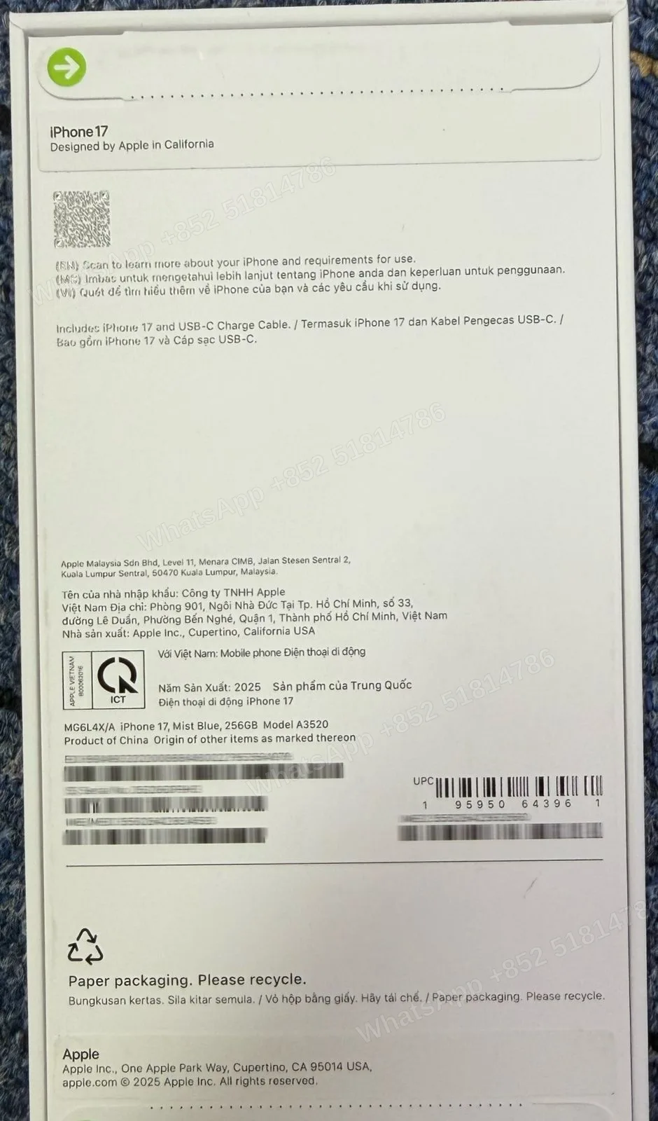 iPhone-Brand new-iPhone 17-1 Sim+E Sim-A3520-X-A-256GB-Not Activate - LiuDao stock photo 3