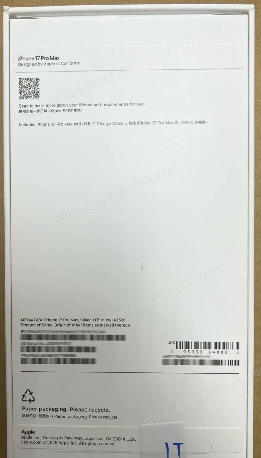 iPhone-Brand new-iPhone 17 Pro Max-1 Sim+E Sim-A3526-ZA-A-1TB-Not Activate - LiuDao stock photo 1